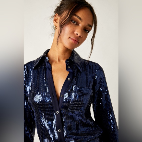 Free People Sophie Sequin Navy Blue Shirt Dress Long Sleeve Disco Dance - size M - Picture 5 of 7